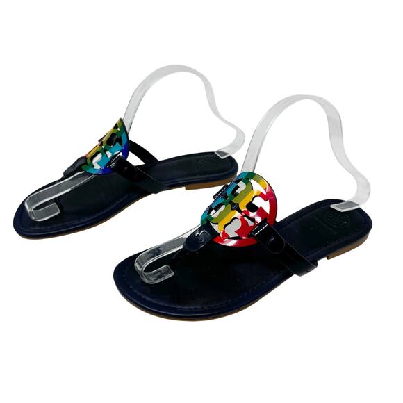 TORY BURCH Navy Blue Rainbow Stripe Miller Logo Patent Leather Sandals Size 7 - Picture 4 of 8
